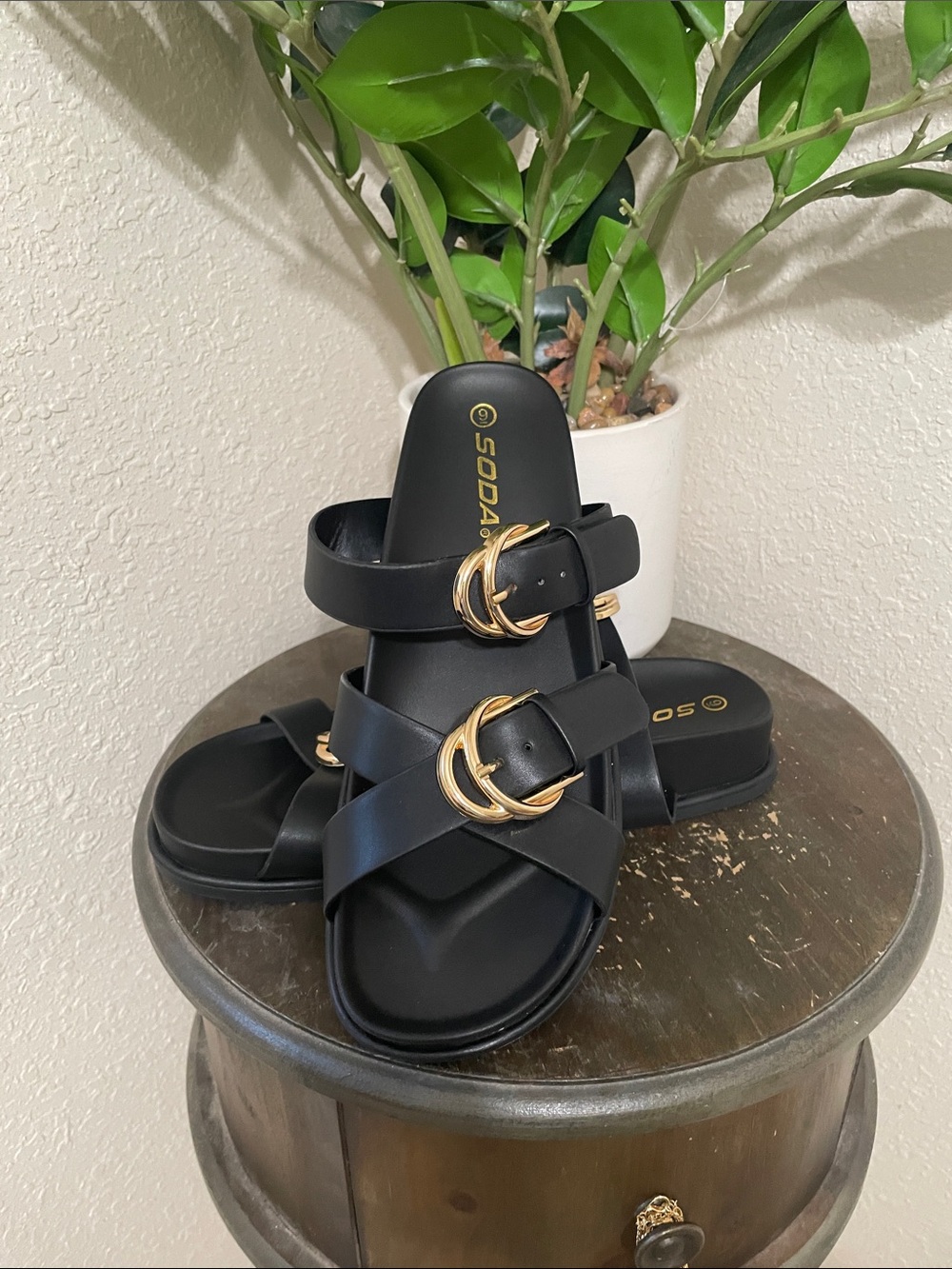 Soda Black Buckle-Accent Slide Sandals